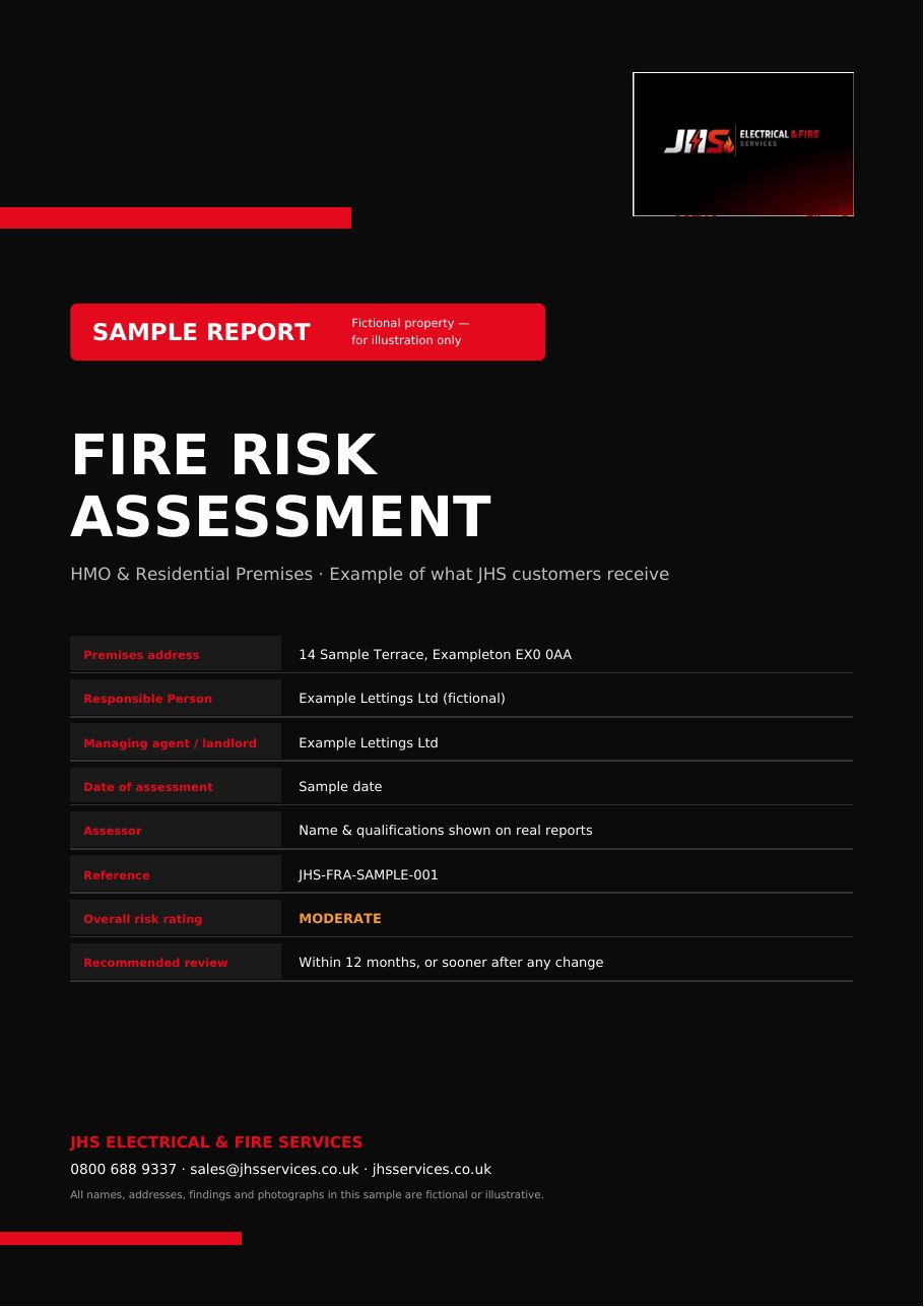 Sample fire risk assessment page: Cover & key details